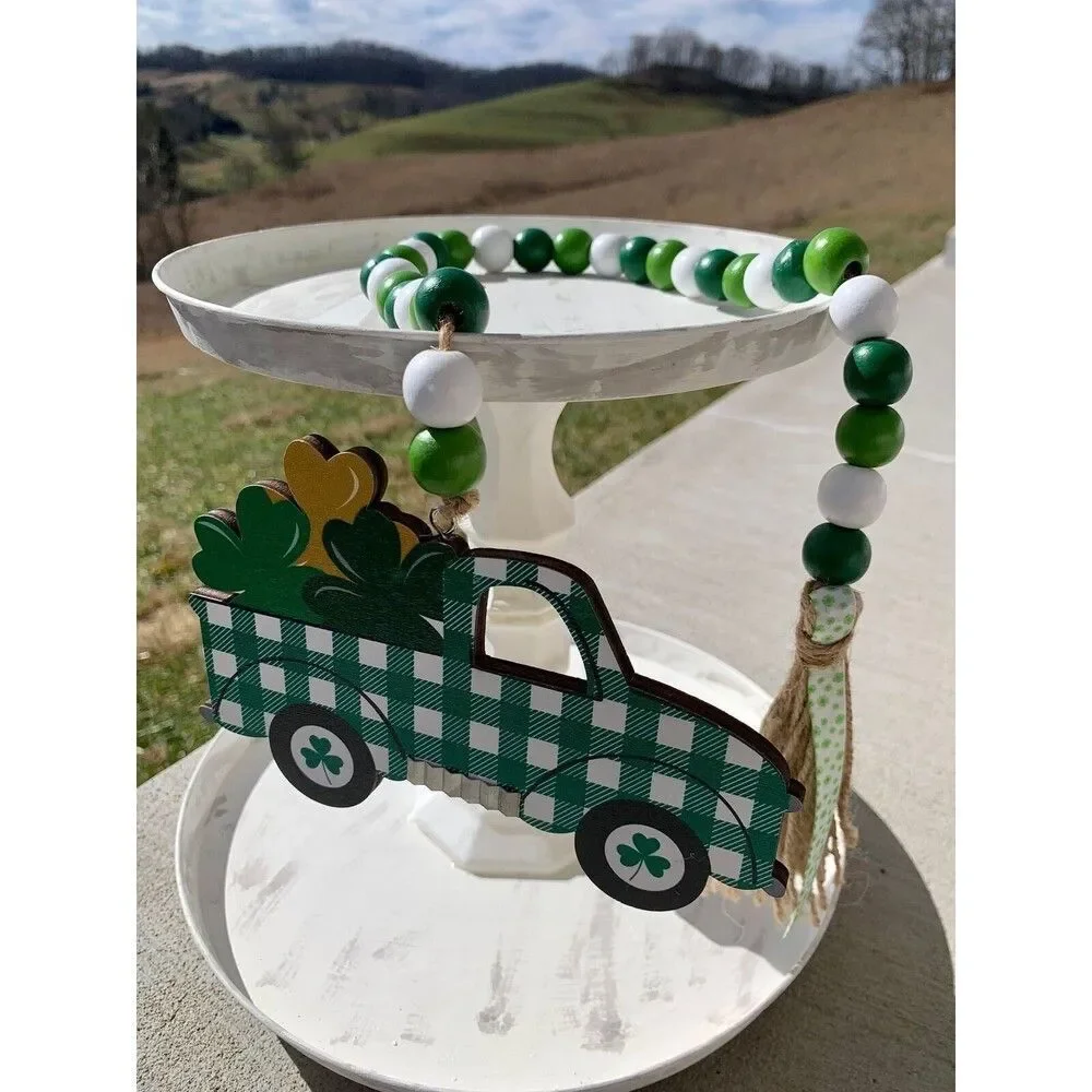 St Patrick’s Day Truck Tiered Tray Decor, St Patrick’s Day Beaded Garland Decor